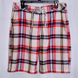 Maui and Sons‎ Mens Plaid Board Shorts Red White Blue Yellow Swim Trunks Large